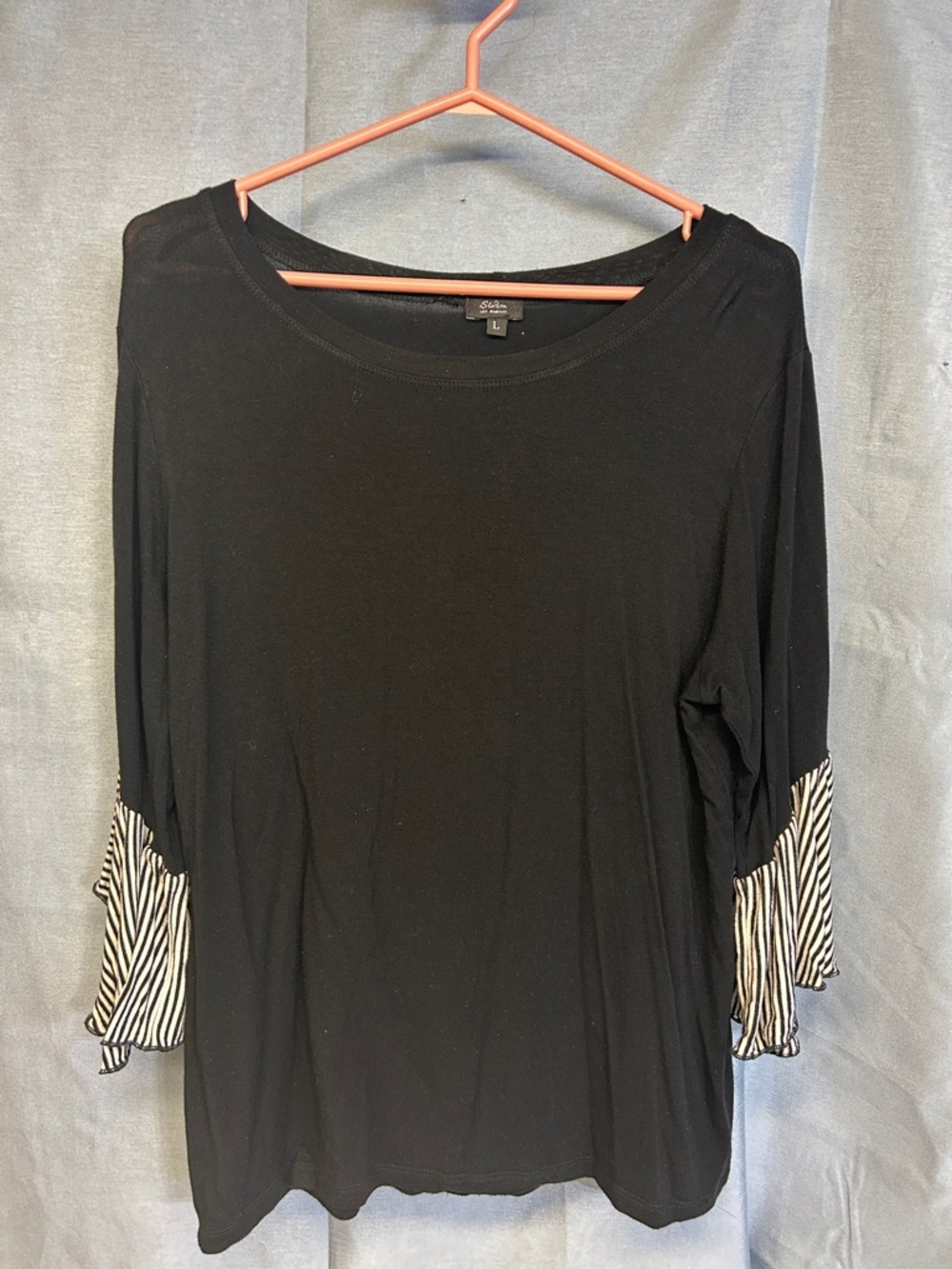 Storm Black Long Sleeve Top with Striped Ruffle Sleeves